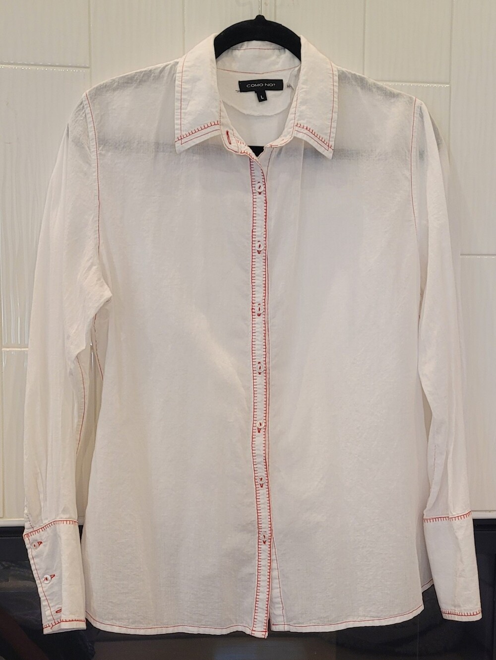 Como No? White Long Sleeve Button Down Shirt Red Contrast Stitch Boho L